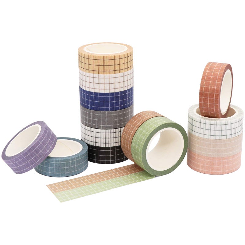 Knaid Grid Washi Tape Set, 14 Rolls of 15 mm Wide Decorative Colored Masking Tapes for Scrapbooking, DIY Decor and Crafts, Bullet Journals, Planners, Junk Journal, Gift Wrapping - Image 5